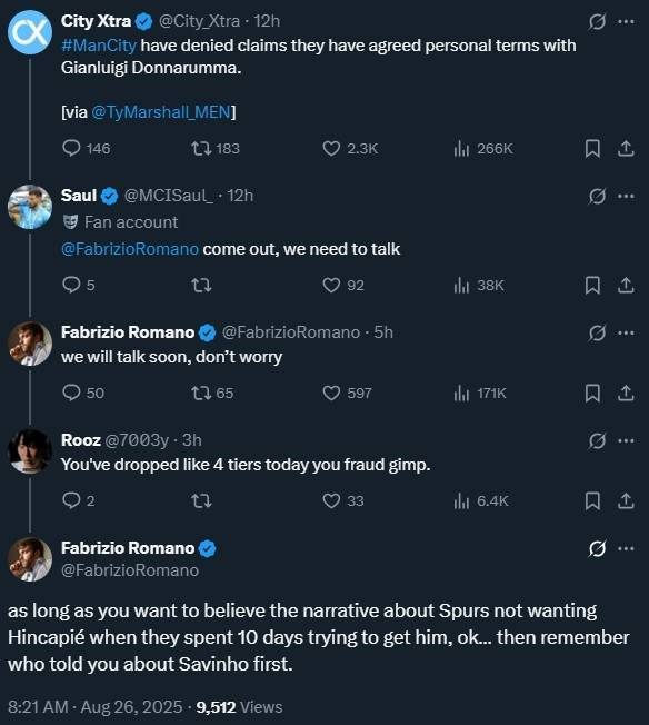 多纳鲁马交易有变？被曼城球迷喷是骗子，罗马诺回应：爱信不信
